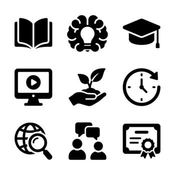 Solid Black Simple Knowledge Skill Icon Set Education Study Element vector