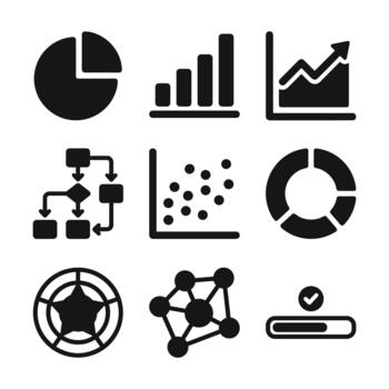 Simple Black and White Data Visualization Chart and Diagram Icon Set vector