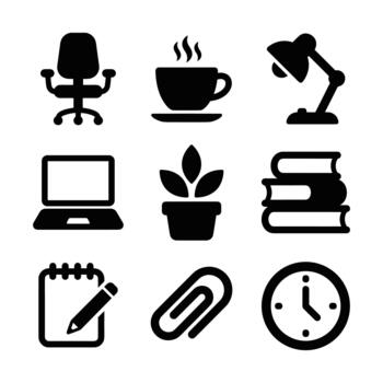 minimalista glifo espacio de trabajo elemento con silla, reloj, y café icono conjunto vector