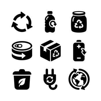 sencillo negro glifo ambiente reciclaje y basura objeto icono conjunto vector