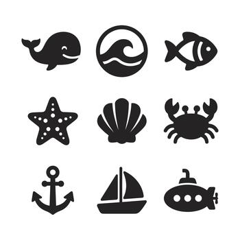minimalista negro y blanco mar criaturas y objetos sencillo icono conjunto vector