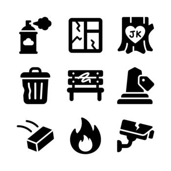 Outline Solid Style Set of Vandalism and Social Issue Icon Set vector