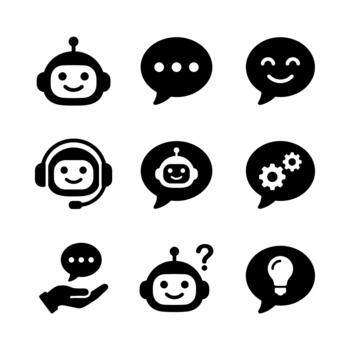 Simple Silhouette Virtual Assistant Chatbot Icon Set and Speech Bubbles vector