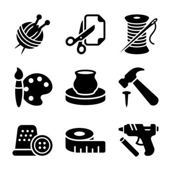 Silhouette Craft Tools Flat Design Element Set on White Background vector