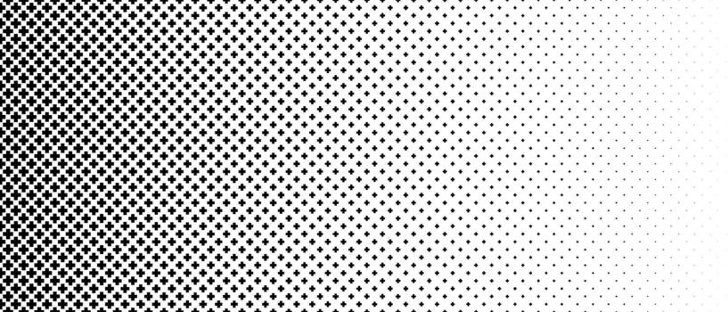 Fading cross shape gradient pattern. Abstract plus sign gradation background. Back and white geometric halftone wallpaper for graphic design, poster, medical banner. Transition patern bg vector