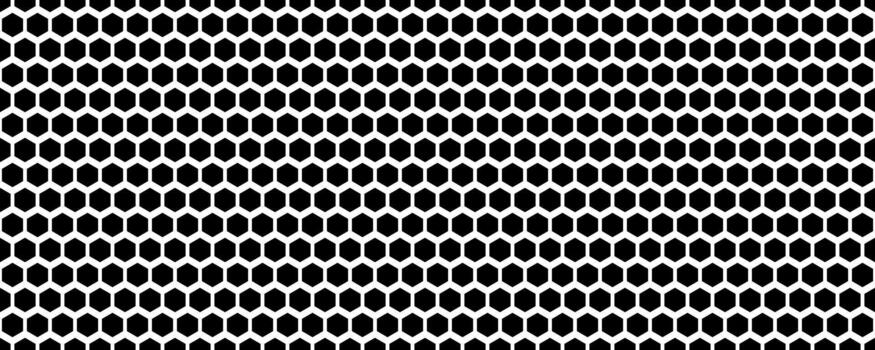 Black seamless hexagon pattern. Repeating honeycomb texture background. Geometric hexagonal halftone tech overlay backdrop. Abstract repeated hex texture. Retro technology dot wallpaper vector