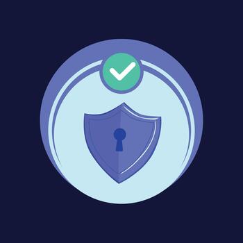 Security shield check logo, Flat minimal badge of a shield with keyhole and green check in a circular frame. Symbol for secure payment, privacy, and data protection. vector