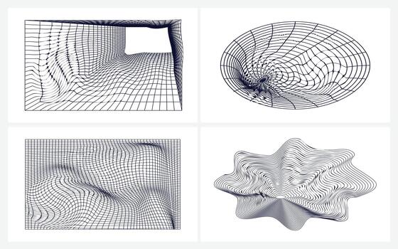 Distorted Wireframe Grid Surfaces Abstract 3D Mesh, Collection of four warped grid illustrations tunnel, vortex, folded plane and organic ripple vector