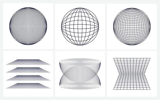 Geometric Wireframe Elements Spheres, Grids and Planes, black line wireframe graphics spherical grids, stacked planes, hourglass double cone and folded lattice vector