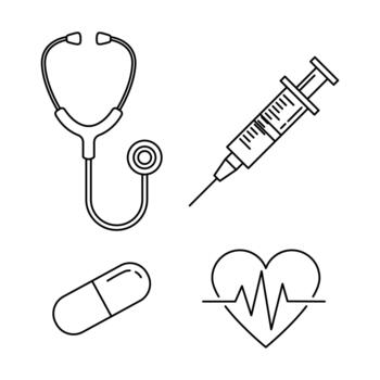 Medical Care Toolkit Stethoscope, Injection, Pills, and Heartbeat Icons in EPS Format, Health Checkup Outline Elements vector
