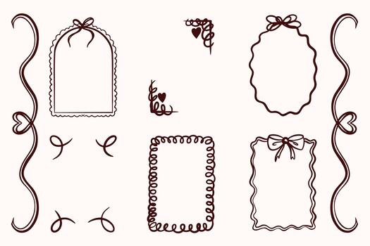 Set of hand drawn decorative frames, bows, and border elements in a simple line art style. Perfect for invitations, scrapbooking, and greeting cards. vector