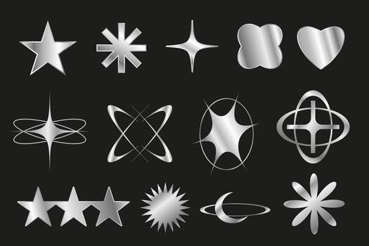 Set of silver Y2K style elements with metallic stars, sparkles, and abstract shapes. Perfect for design, digital art, posters, graphic overlays, and social media visuals. vector