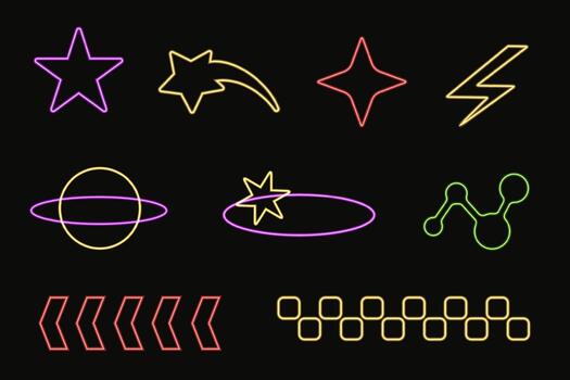 conjunto de neón efecto elementos inspirado por y2k estética, con estrellas, cometas, planetas, y resumen formas Perfecto para retro futurista diseño. vector