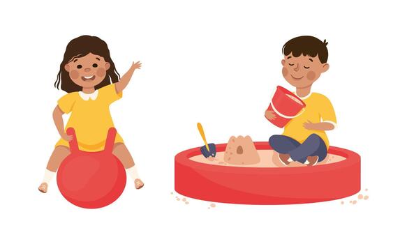Smiling Girl and Boy in Sandpit and Bouncing on Ball Playing and Having Fun Set vector