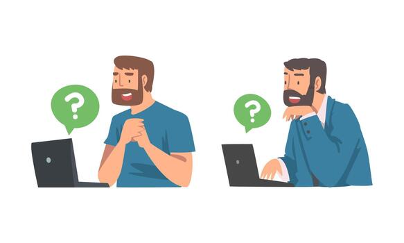 Young Bearded Man Character Asking Question Using Internet Search System on Laptop Set vector