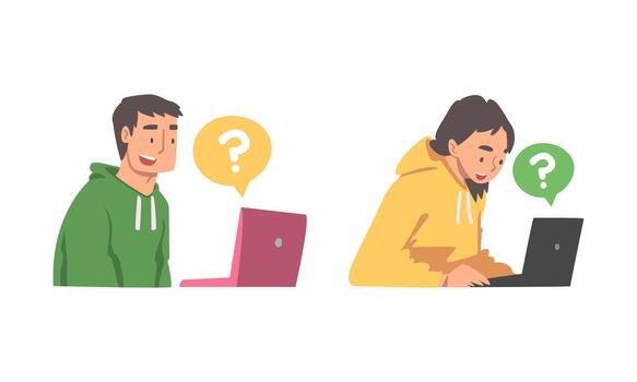 Young Man and Woman Character Asking Question Using Internet Search System on Laptop Set vector