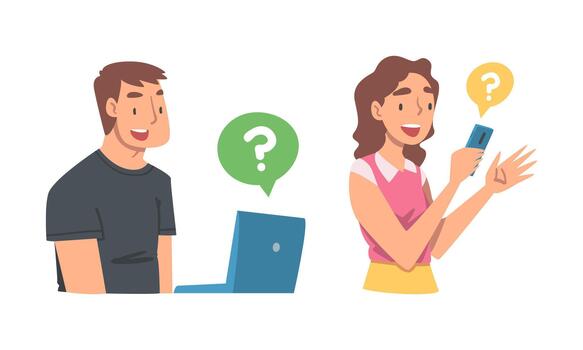 Young Man and Woman Character Asking Question Using Internet Search System on Smartphone and Laptop Set vector