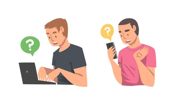 Young Man Character Asking Question Using Internet Search System on Smartphone and Laptop Set vector