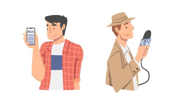 Man Character Gathering News Doing Interview and from Smartphone Set vector