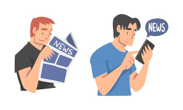 Man Character Gathering News Reading Newspaper and Scrolling Newsfeed on Smartphone Set vector