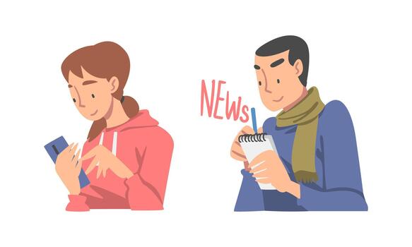Man and Woman Character Gathering News Scrolling Newsfeed on Smartphone and Writing Down in Notepad Set vector