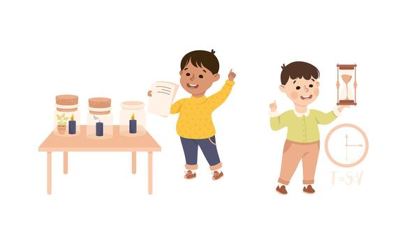 pequeño chico trabajando en física Ciencias experimentar con reloj de arena y vela conjunto vector