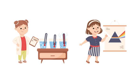 pequeño niña trabajando en física Ciencias experimentar con ligero refracción y termómetro conjunto vector