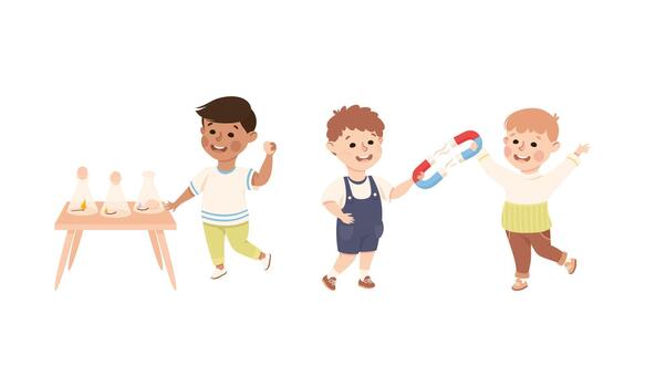 pequeño chico trabajando en física Ciencias experimentar con partido y imán conjunto vector