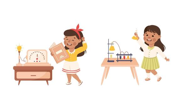 pequeño niña trabajando en física Ciencias experimentar con matraz y ligero bulbo conjunto vector