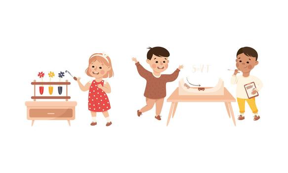 pequeño chico y niña trabajando en física Ciencias experimentar con flor pintar y velocidad aceleración conjunto vector