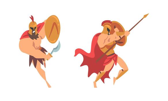 Spartan Man in Red Cloak and Helmet Armed with Spear and Shield Attacking Set vector
