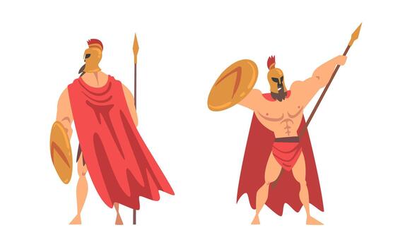Spartan Man in Red Cloak and Helmet Armed with Spear and Shield Standing Set vector