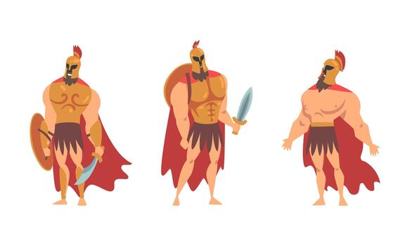 Spartan Man in Red Cloak and Helmet Armed with Sword and Shield Standing Set vector