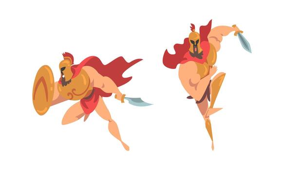 Spartan Man in Red Cloak and Helmet Armed with Sword and Shield Attacking Set vector