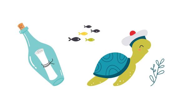 Cute Turtle with Shell as Sea Animal and Corked Bottle with Scroll Floating Underwater Set vector