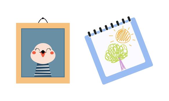 Frame with Bird Picture and Card with Drawing as Colorful Kids Toy Set vector