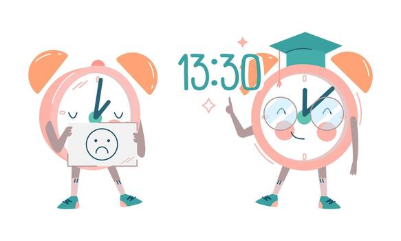 Funny Clock Character in Glasses and Graduation Hat and Showing Sad Grimace Set vector
