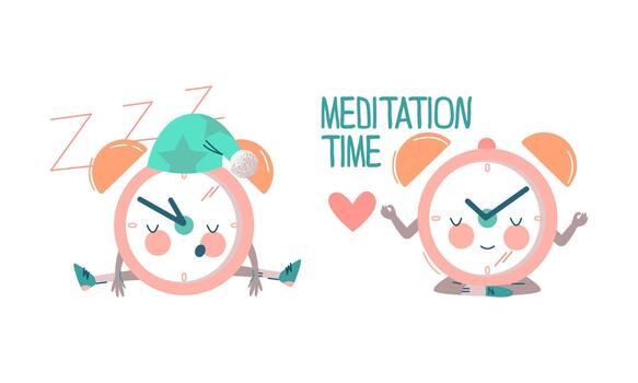 Funny Clock Character Sleeping in Night Cap and Meditating in Yoga Pose Set vector