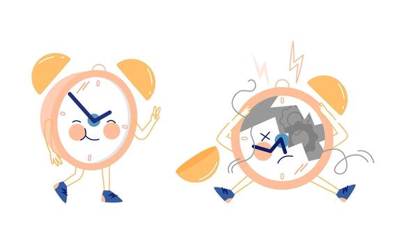 gracioso reloj personaje demostración v firmar y sentado con roto marcar conjunto vector