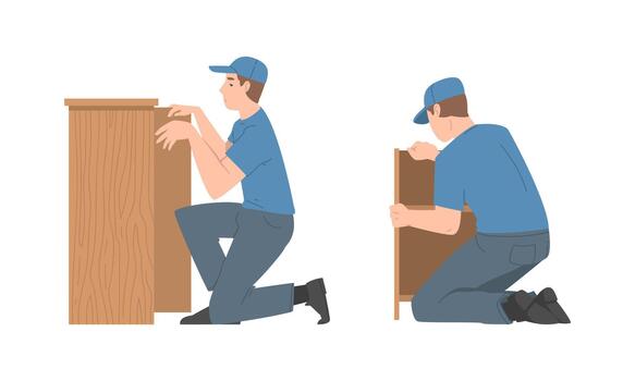 joven hombre personaje montaje y instalando de madera mueble conjunto vector