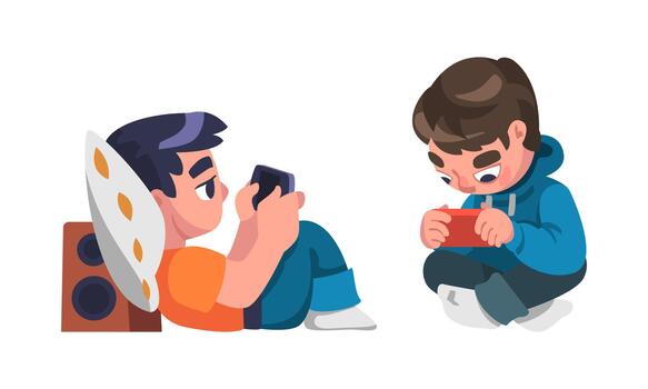 Boy Addicted to Gadget Lying on Pillow and Playing Game Set vector