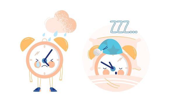 Funny Clock Character Crying with Rain and Sleeping in Bed on Pillow Set vector