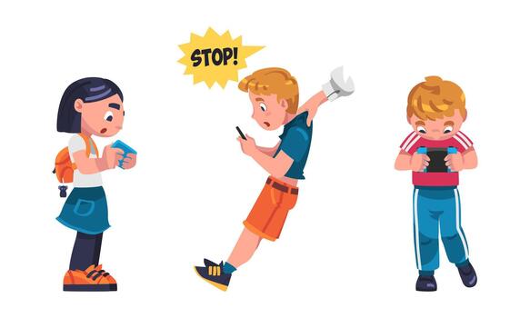 Boy and Girl Addicted to Gadget with Console Playing Game Set vector