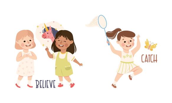 Little Girl Asking Catching Butterfly with Net and Believing in Unicorn Set vector