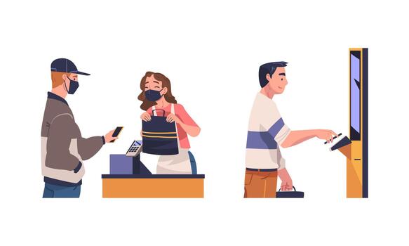 Man Character Using Contactless Payment with Smartphone for Coronavirus Prevention Set vector