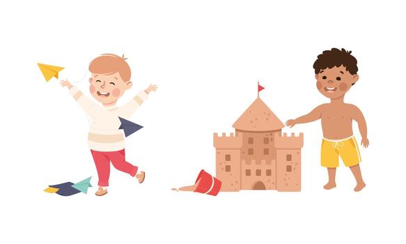 Creative Boy Showing Built Sand Castle and Paper Plane as Handcrafted Item Set vector