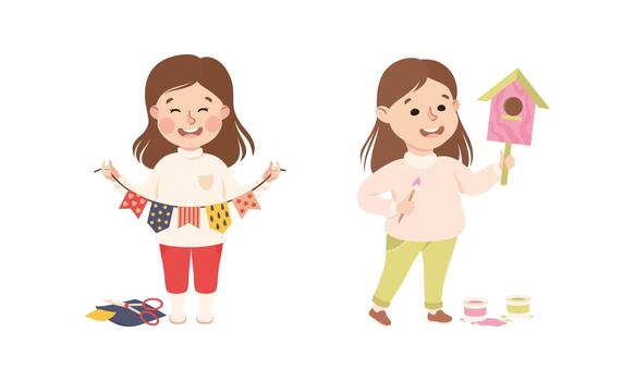 Creative Girl Showing Paper Garland and Built Nesting Box as Handcrafted Item Set vector