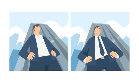 hombre personaje en formal traje con ligero arriba ver en pie en contra paisaje urbano conjunto vector