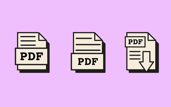 Pdf document file icons with download symbol in retro vaporwave style. Portable document format icons for archiving, file management, and digital office workspace. illustration. vector