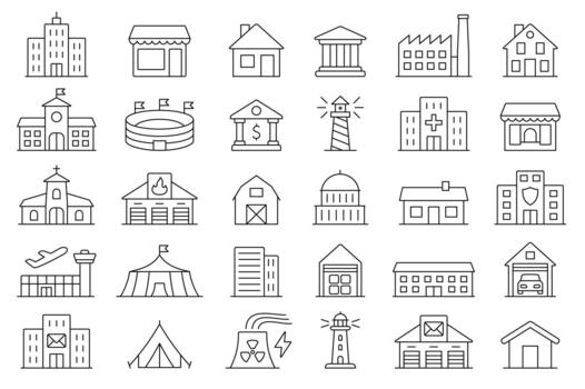 Building Line Icon Set Showcasing Clean, Modern, And Versatile Outline Designs For Architecture, Urban Planning, And Construction Projects, Perfect For Digital Use, Branding. vector